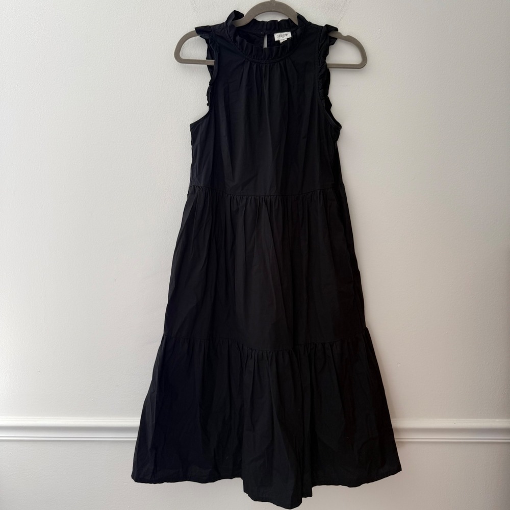 J.Crew Ruffle Neck Tiered Midi Dress Black Cotton Poplin Sleeveless Pockets 0